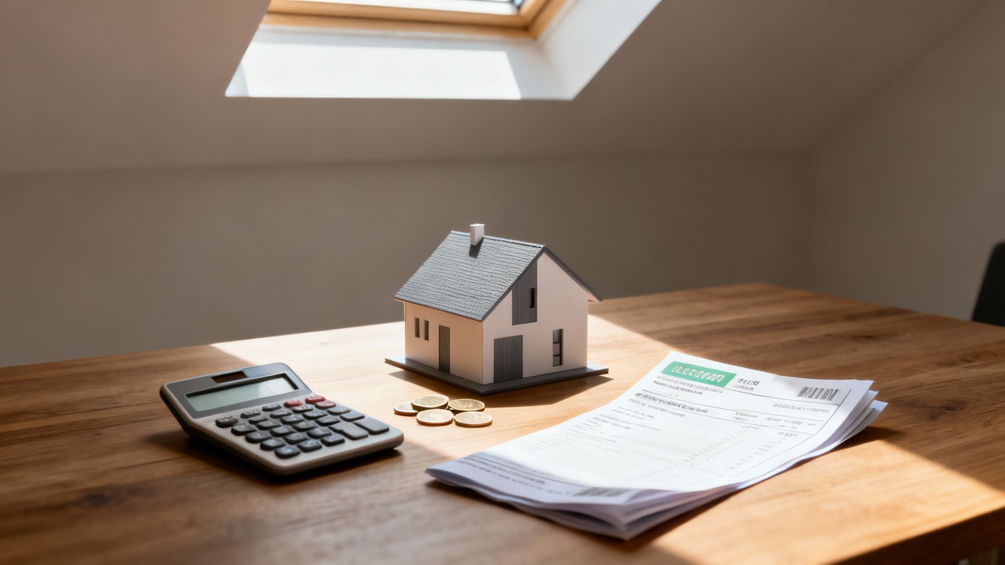 Calculator, coins, and house model on a wooden table under a skylight, representing home expenses.