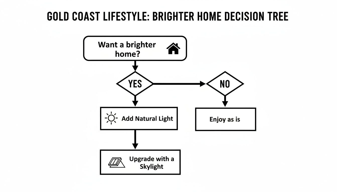 Flowchart guiding Gold Coast residents to a brighter home, recommending natural light and skylights.