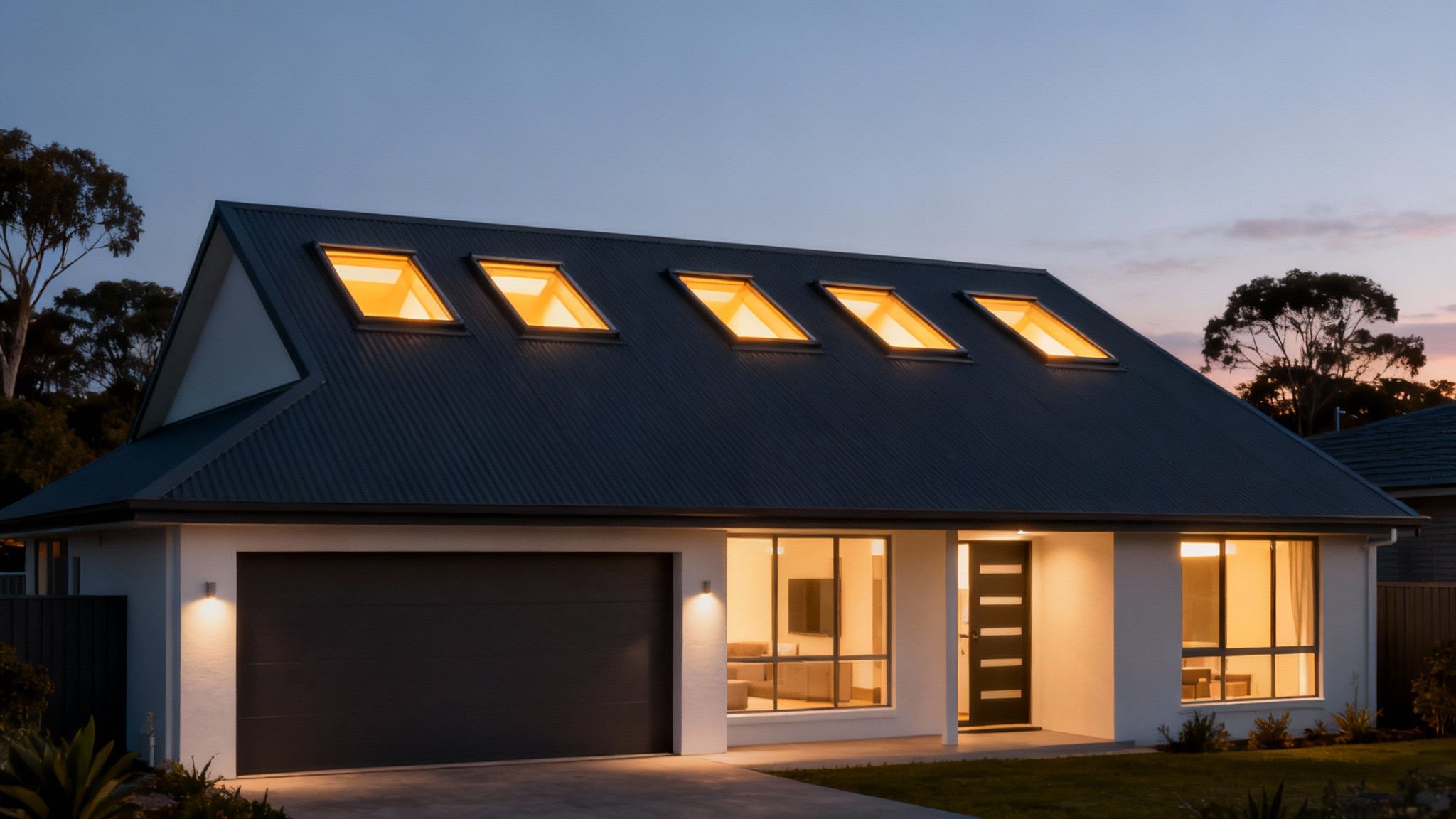 A stylish kitchen with a large skylight above the island bench, illuminating the entire space.