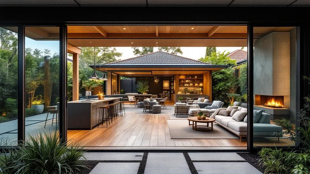 A contemporary home showcasing seamless indoor-outdoor living with large glass doors opening to a covered patio and pool.