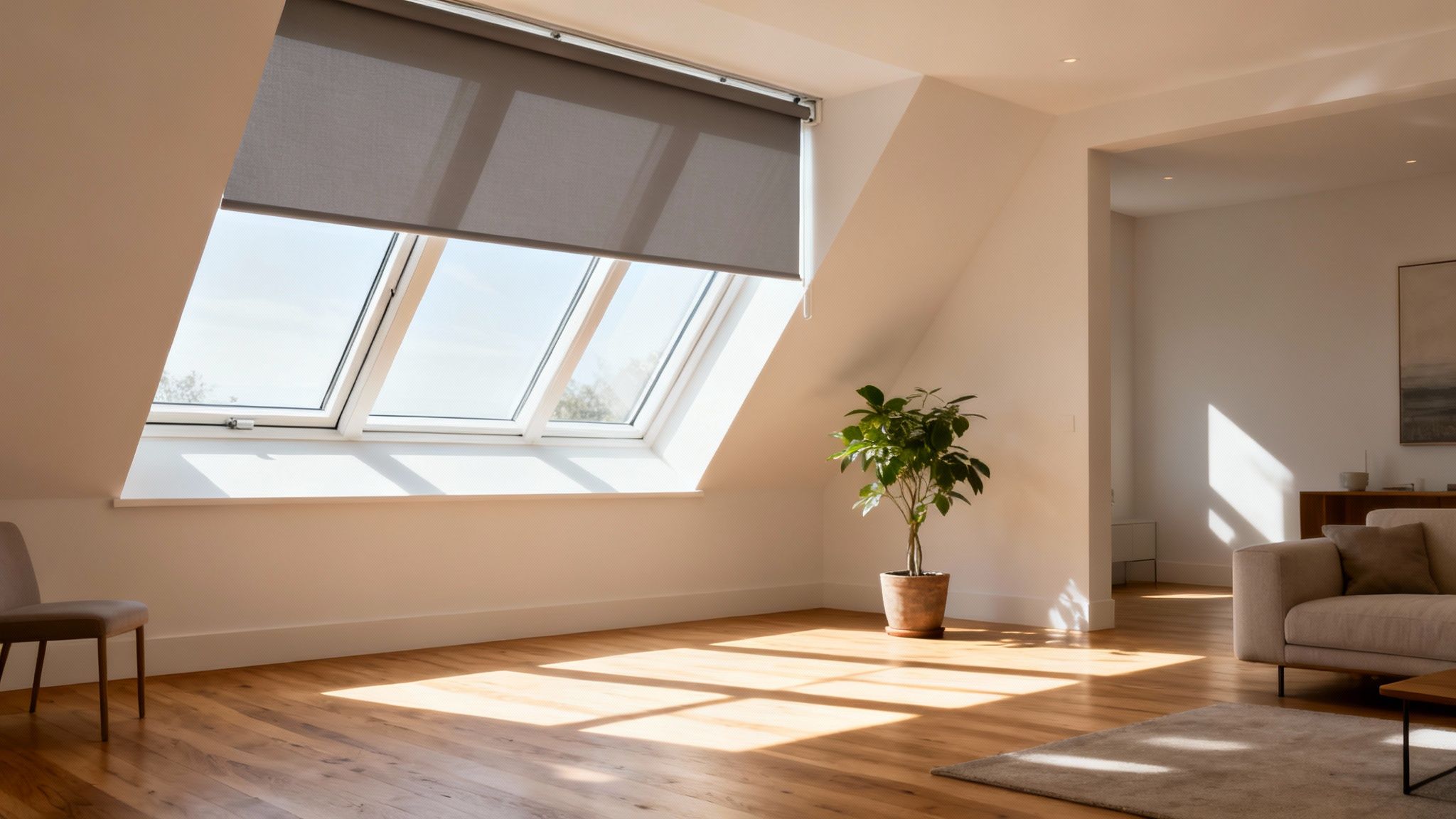 Bright attic room with multiple skylight windows, a grey blind, and sunlight on a wooden floor.