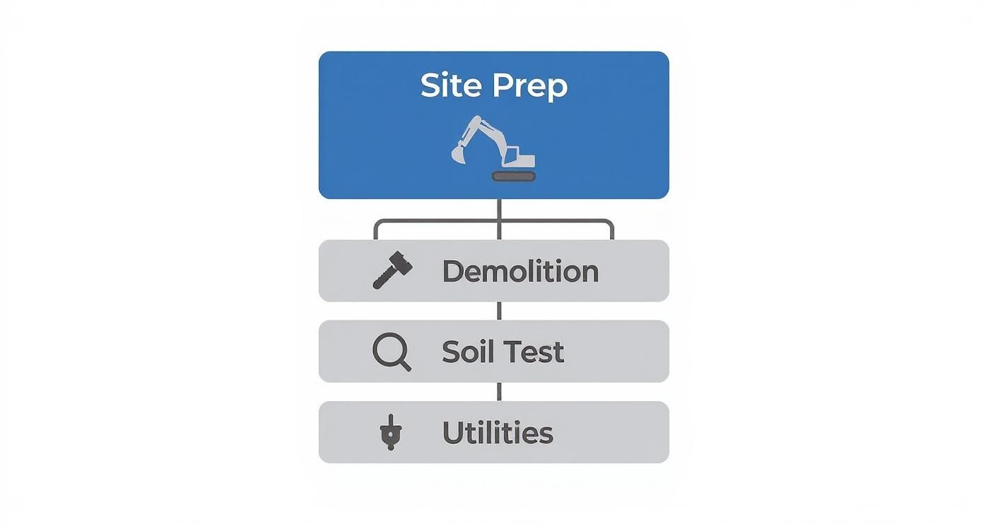 Infographic showing a hierarchy diagram for site preparation, with a main box for 'Site Prep' and three sub-boxes for 'Demolition', 'Soil Test', and 'Utilities', each with a relevant icon.