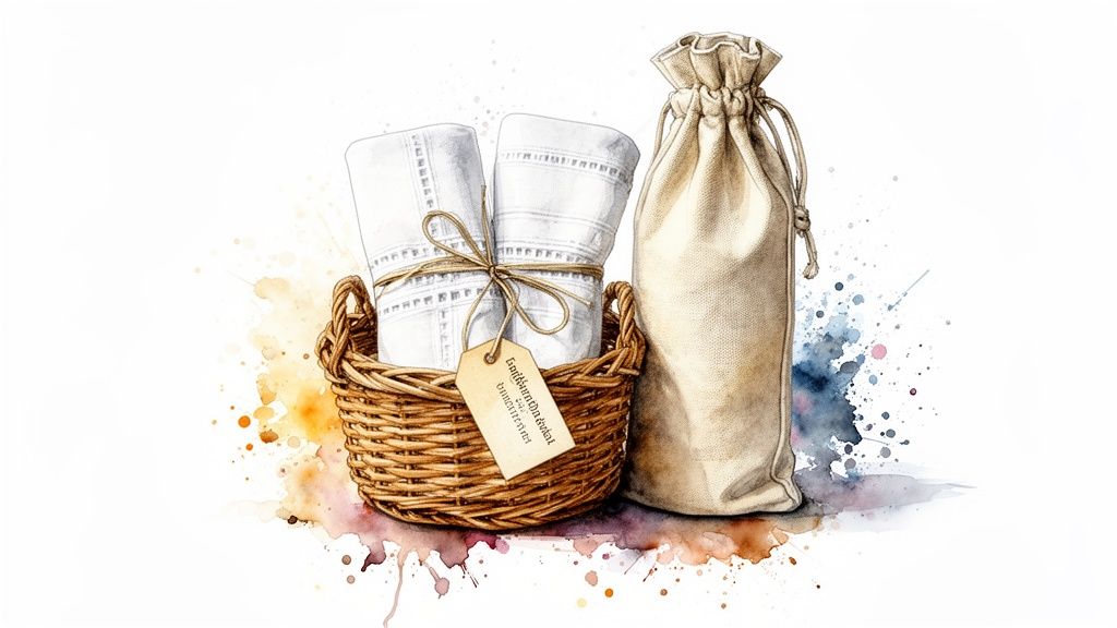 Watercolor illustration featuring rolled white linens in a wicker basket and a beige drawstring pouch.