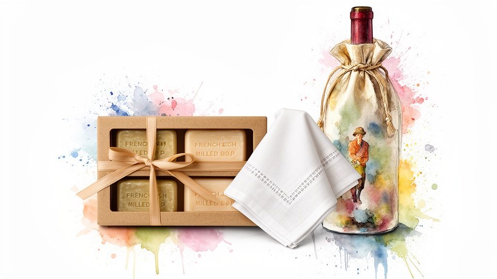 A luxurious gift set featuring French milled soaps, a folded white napkin, and a watercolor-themed wine bottle.