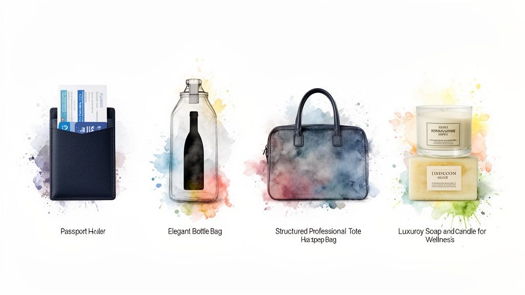 Four watercolor-style illustrations showcasing graduation gift ideas: a passport holder, bottle bag, tote, and wellness set.