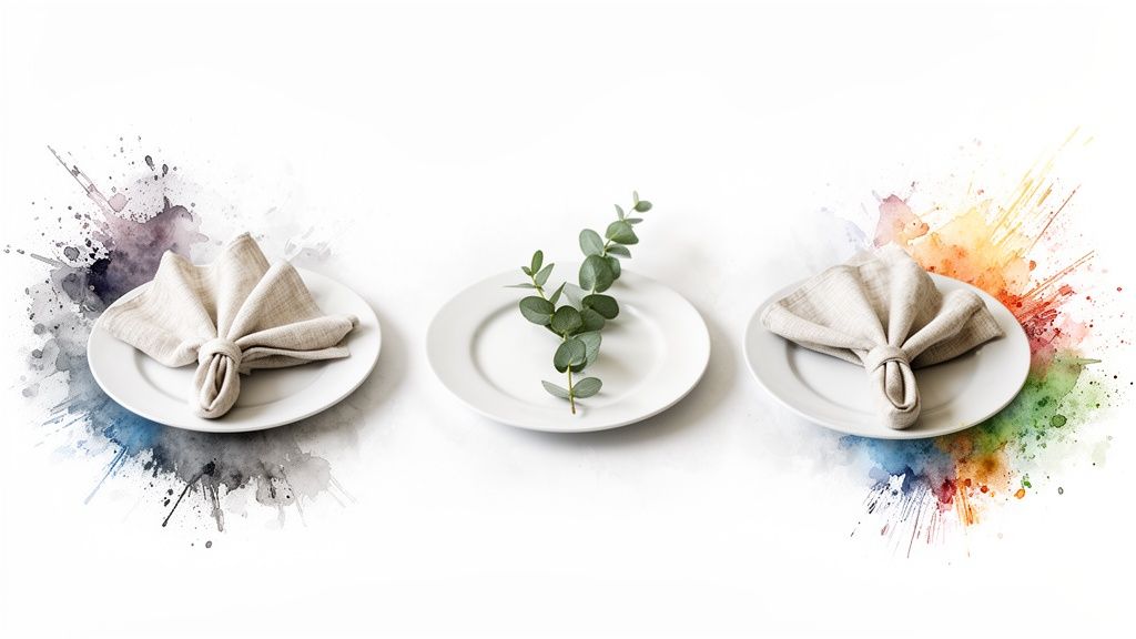 Three white plates on a table, two with folded beige napkins, one with eucalyptus, surrounded by watercolor splashes.