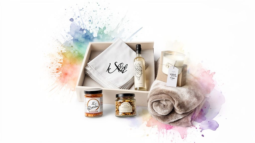 A curated gift set featuring a bottle of wine, candle, blanket, and gourmet snacks in a decorative tray.