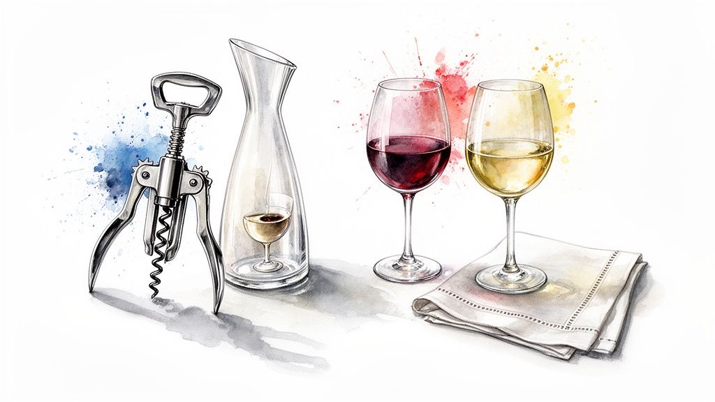 Watercolor illustration of wine essentials: corkscrew, decanter, red and white wine glasses, and a napkin with colorful splashes.