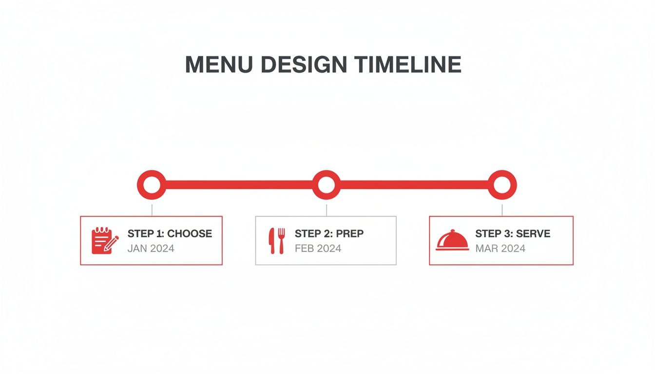 A timeline graphic illustrating the three steps of menu design: Choose, Prep, and Serve, with corresponding dates.