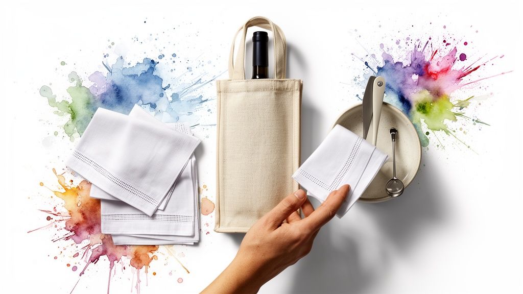 A flatlay of dinner party essentials: white napkins, a wine bottle in a bag, and table settings.