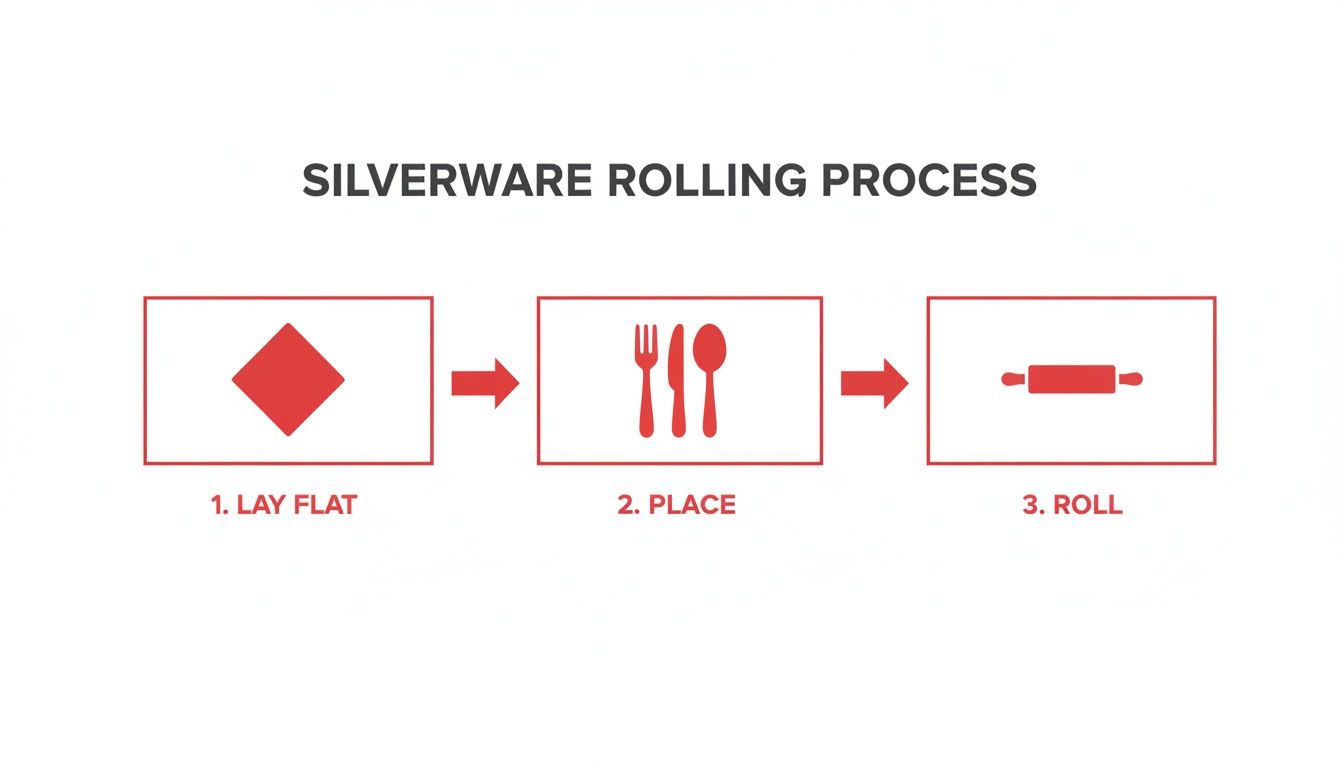 A three-step diagram illustrating the silverware rolling process: lay flat, place utensils, then roll.
