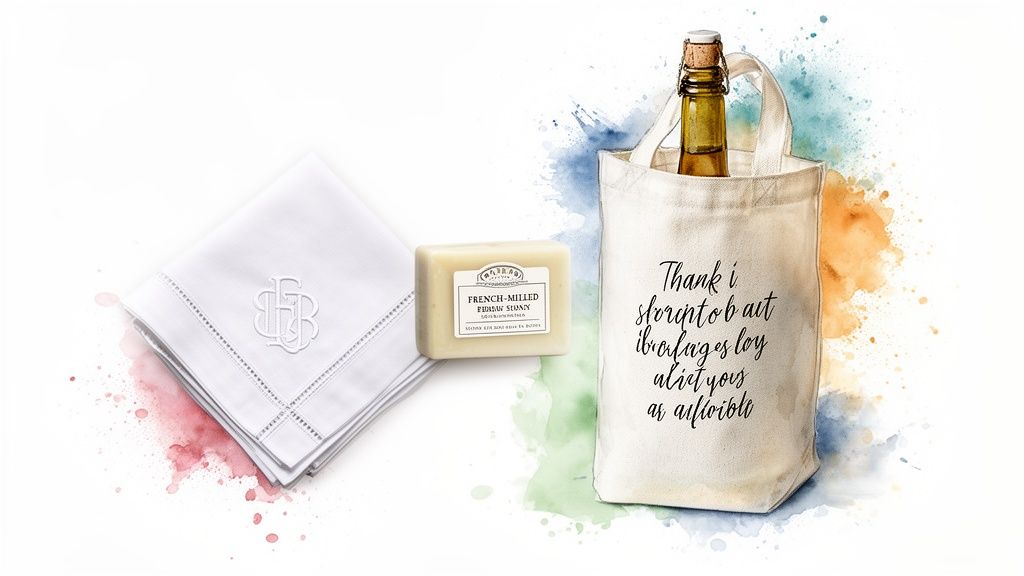 A curated gift set featuring a monogrammed handkerchief, French-milled soap, and a bottle in a canvas tote bag, surrounded by watercolor splashes.