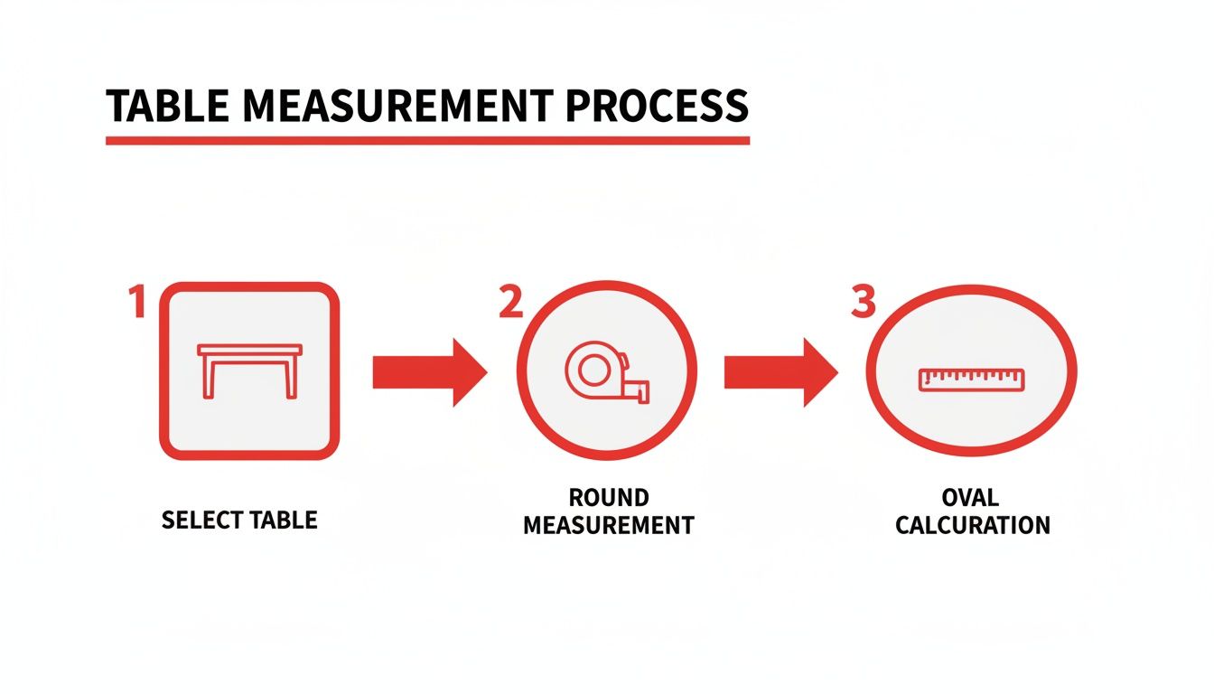 Infographic illustrating a three-step table measurement process with icons for selecting a table, round measurement, and oval calculation.