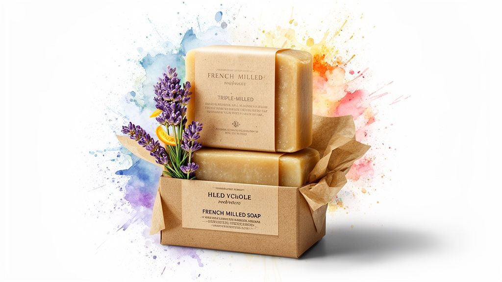 A gift set of French Milled Soap, lavender, and orange slices in a brown box with colorful splashes.