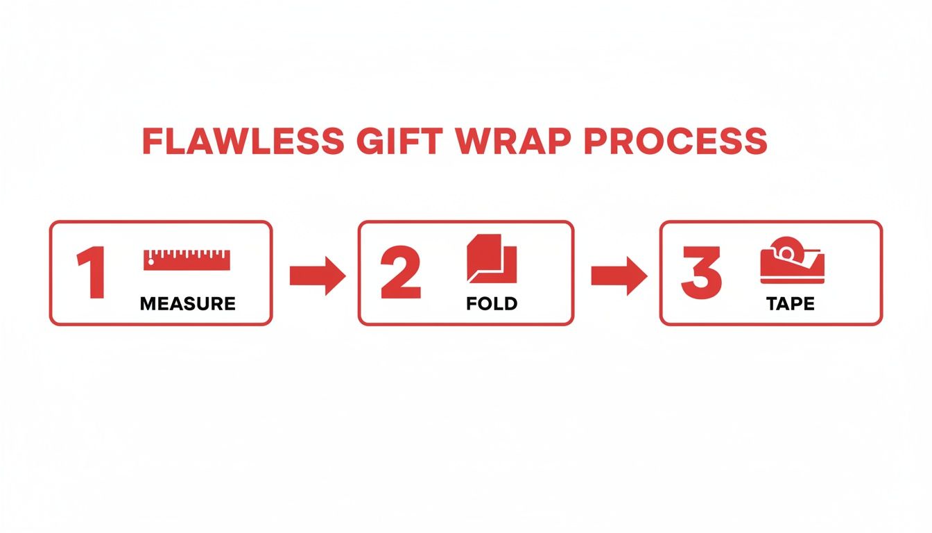 An infographic showing the three steps for a flawless gift wrap process: measure, fold, and tape.