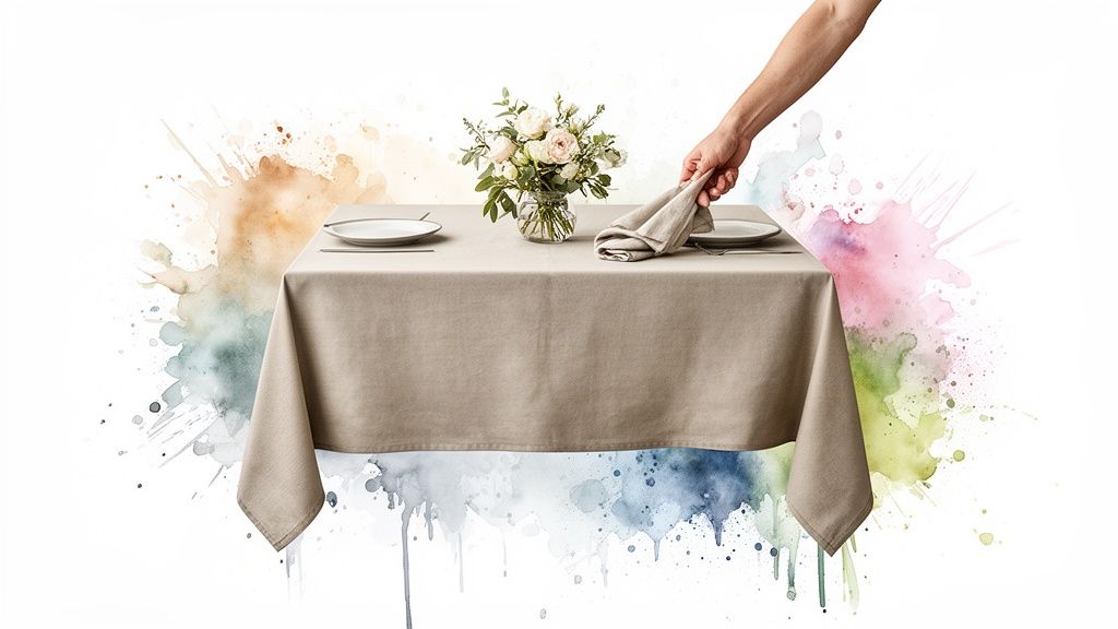 A hand adjusts a folded napkin on a table with a beige tablecloth, plates, and flowers.