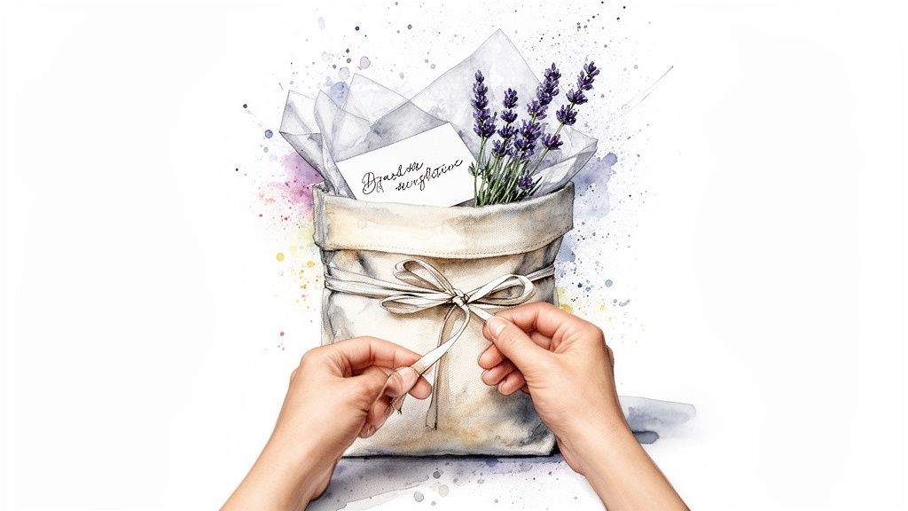 Watercolor illustration of hands tying a ribbon on a fabric pot with lavender and a card.