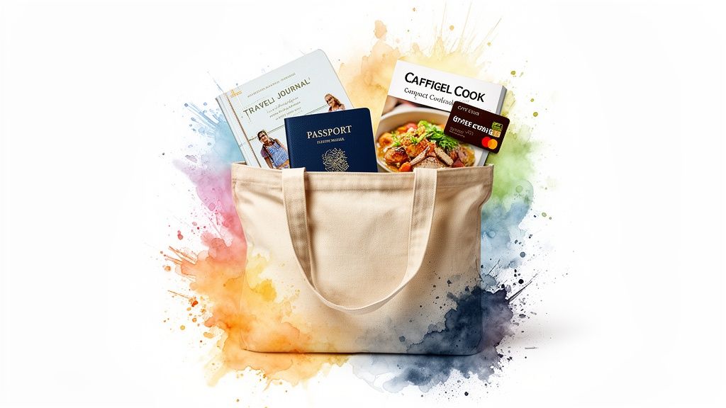 A canvas tote bag filled with a travel journal, passport, cookbook, food, and credit card, on watercolor splashes.