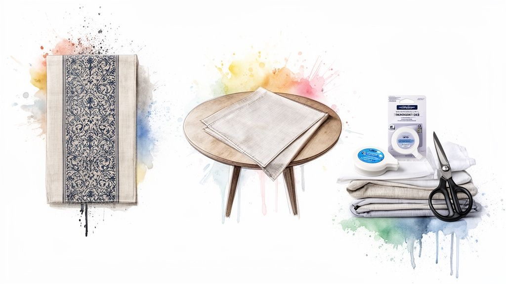 Watercolor illustration featuring folded textiles with a patterned design, a small table, and sewing supplies.