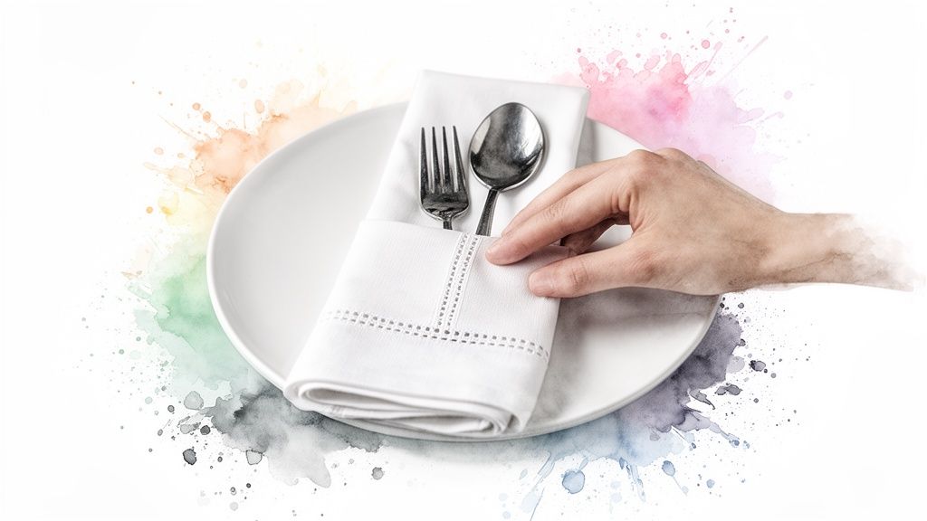 A hand reaches for a fork and spoon wrapped in a white cloth napkin on a plate, surrounded by watercolor splashes.
