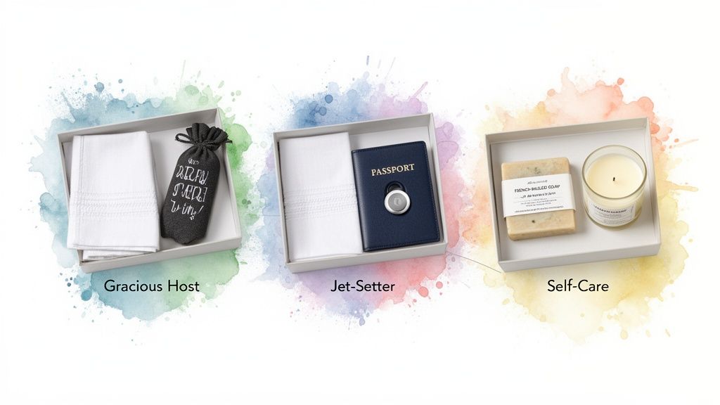 Three themed gift boxes: Gracious Host, Jet-Setter, and Self-Care, on a colorful watercolor background.