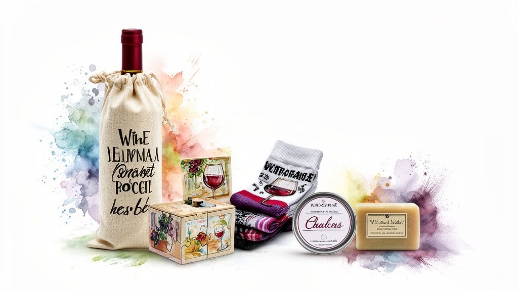 A collection of wine-themed gifts, including a bottle in a bag, socks, soap, and a puzzle box, against a colorful watercolor background.