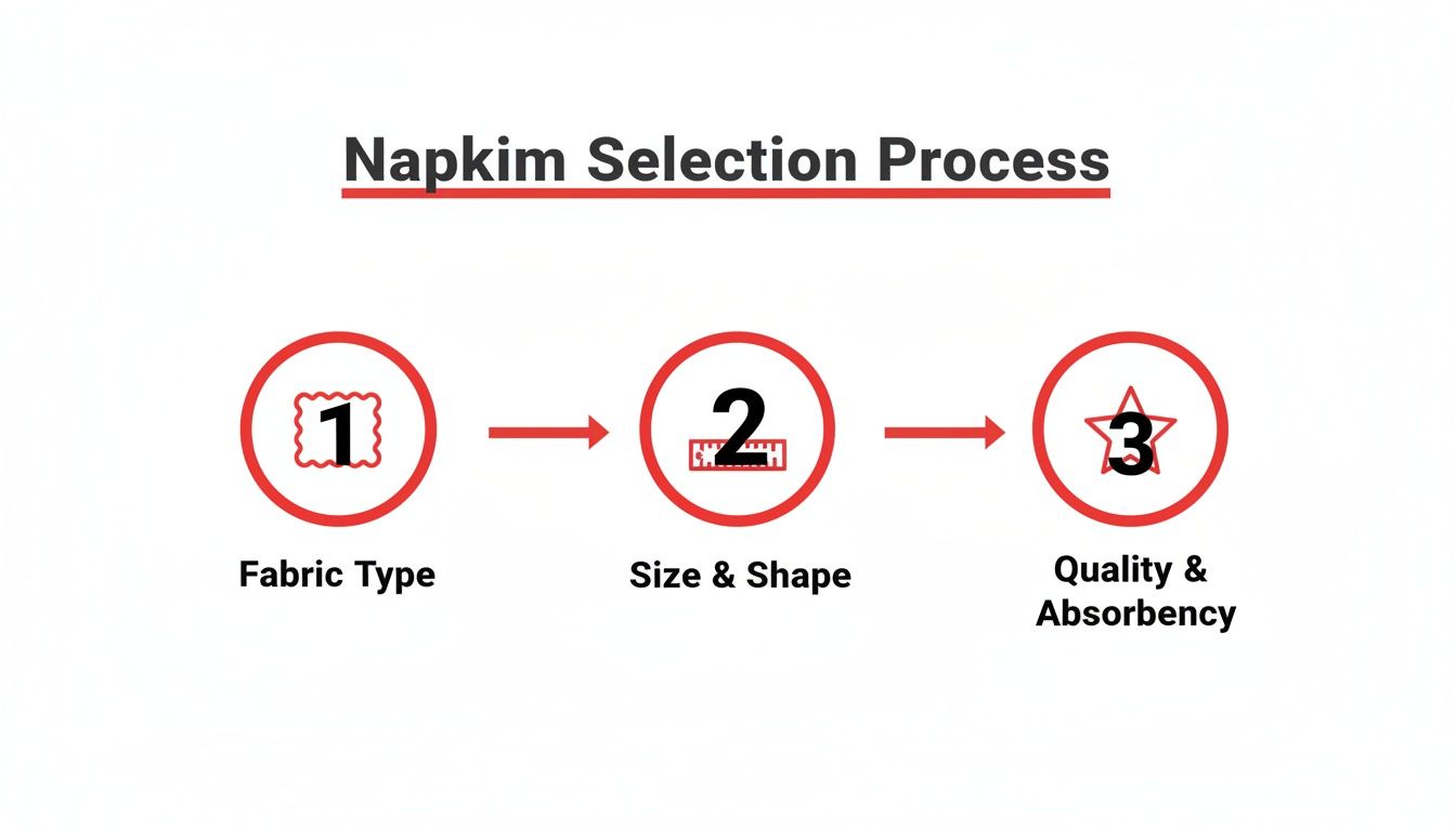 Infographic showing the three key steps to select napkins, including fabric, size, and absorbency.