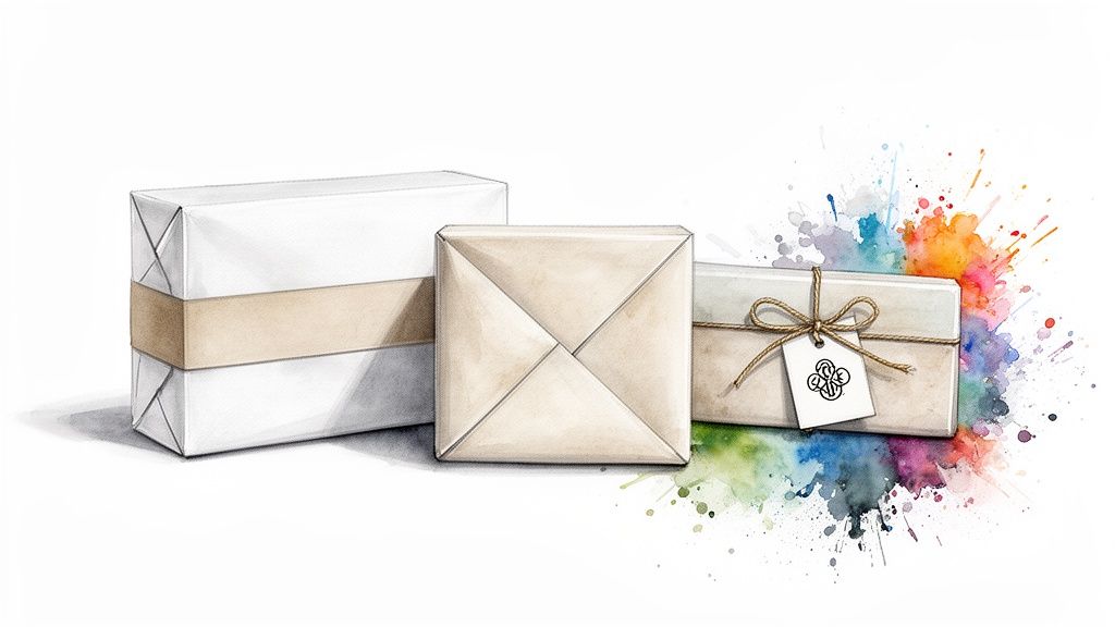 Three creatively wrapped gift boxes featuring natural packaging, twine, and colorful watercolor splashes.
