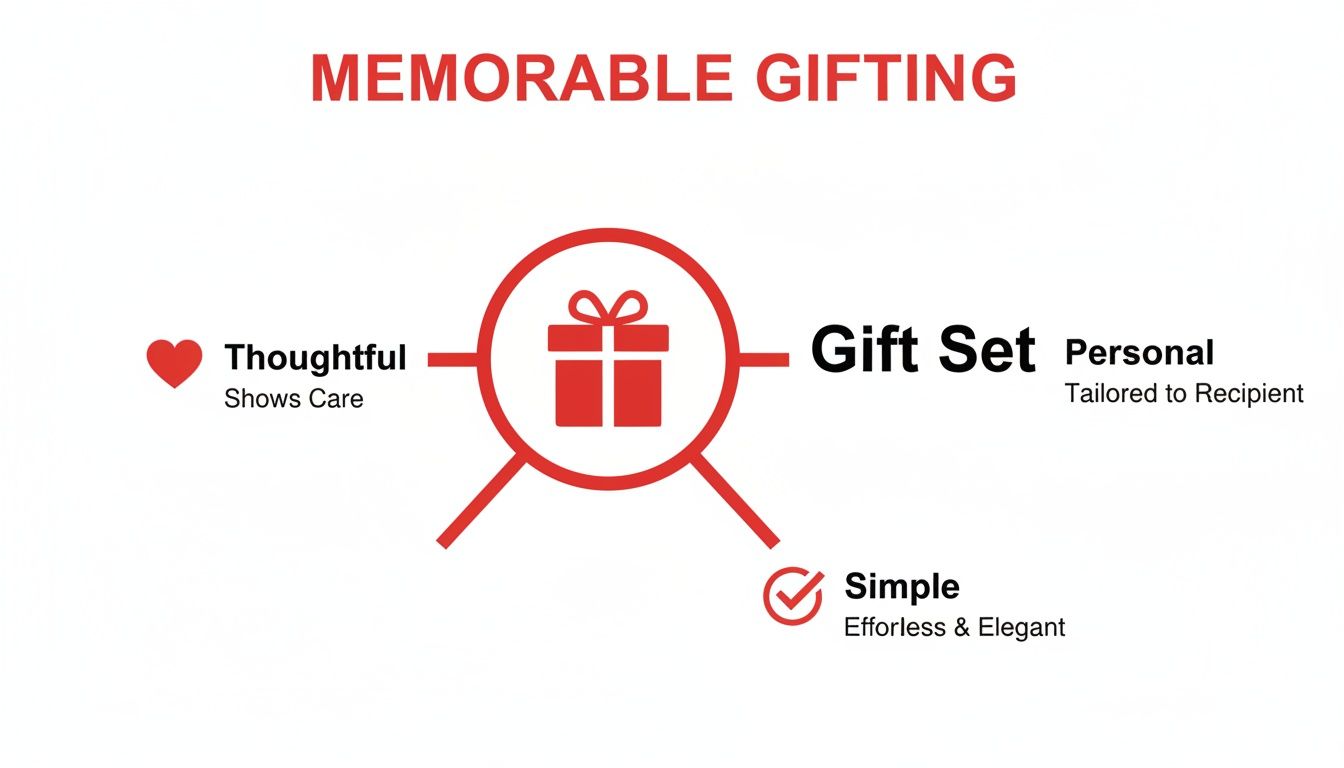 A diagram illustrates memorable gifting through a gift set, highlighting its thoughtful, personal, and simple qualities.