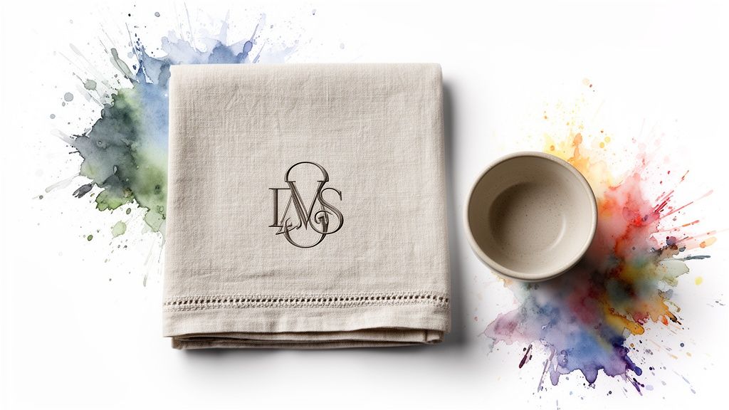 A beige linen napkin with an 'IMS' monogram, an empty ceramic bowl, and colorful watercolor splashes.