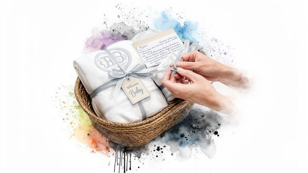 Hands tying a grey ribbon on a customized baby gift basket with a 'Welcome Baby' tag, watercolor background.