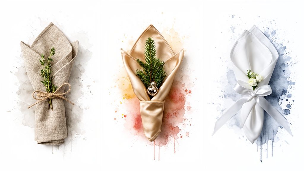 Three elegantly folded napkins, each with unique natural decorations, on a watercolor-splashed background.