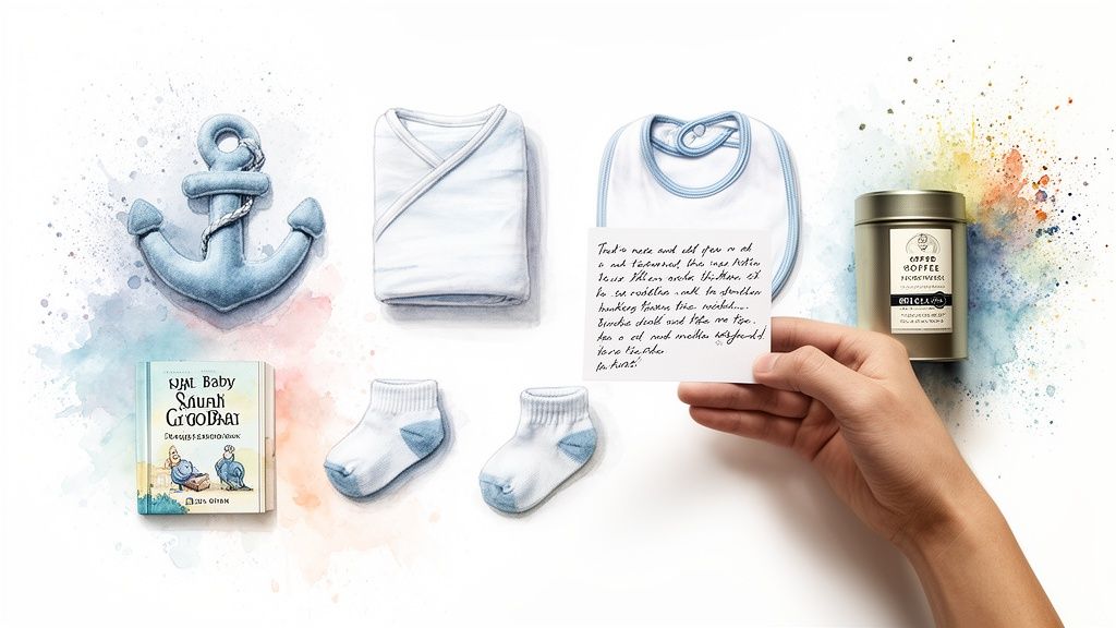 A watercolor-style flat lay of baby clothes, an anchor, a baby book, and a coffee can.