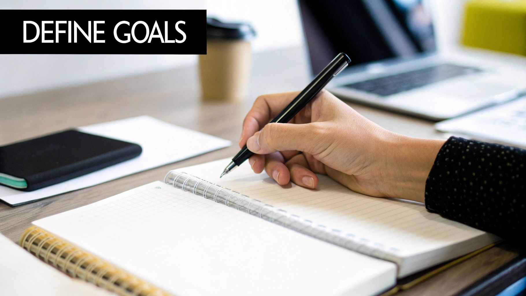 A person thoughtfully writing in a planner, symbolizing goal setting