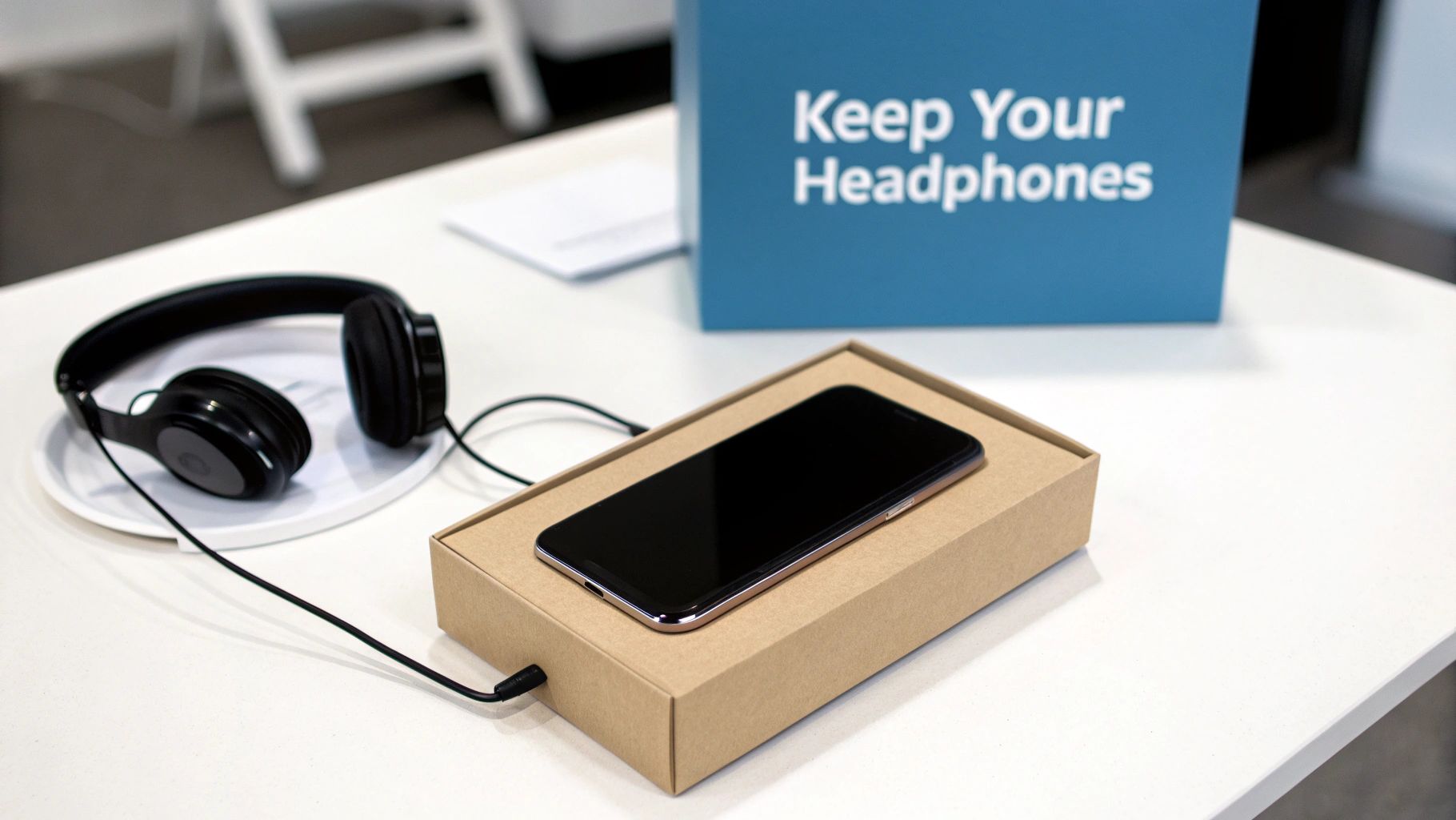 Woman using a USB-C to AUX adapter to connect her headphones to her smartphone.