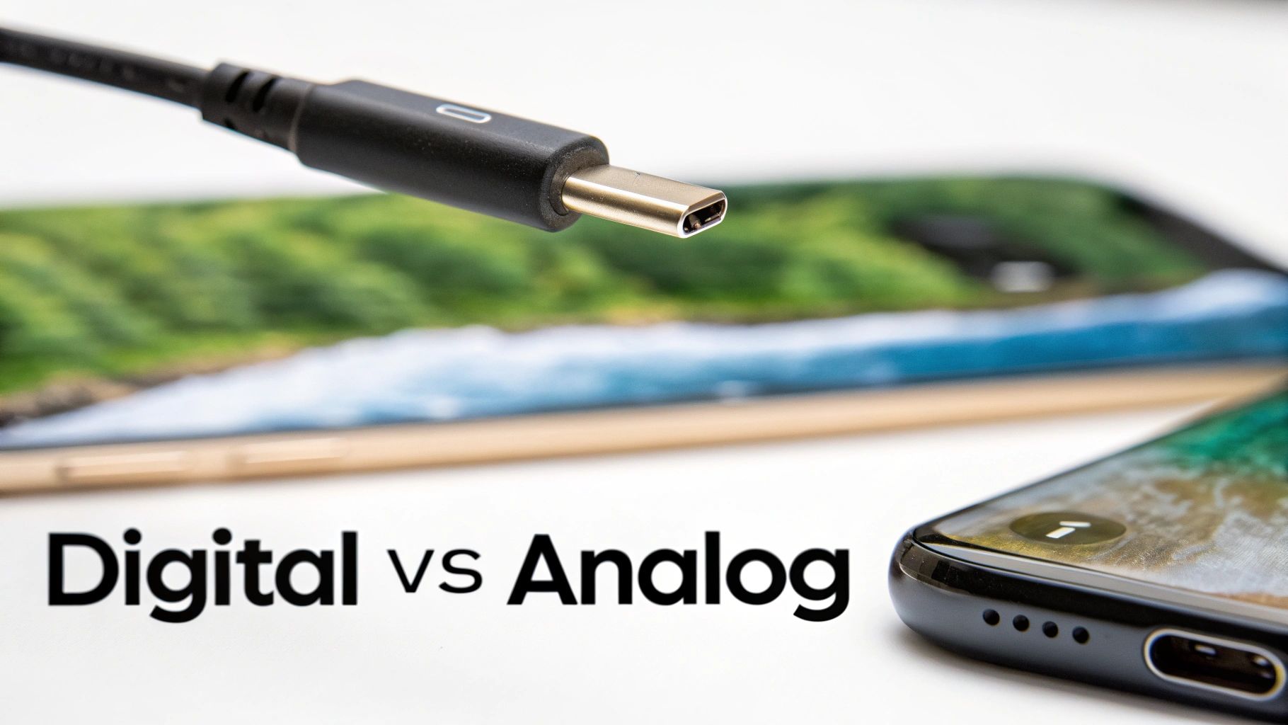 Diagram illustrating the difference between smooth analog audio waves and blocky digital audio signals.