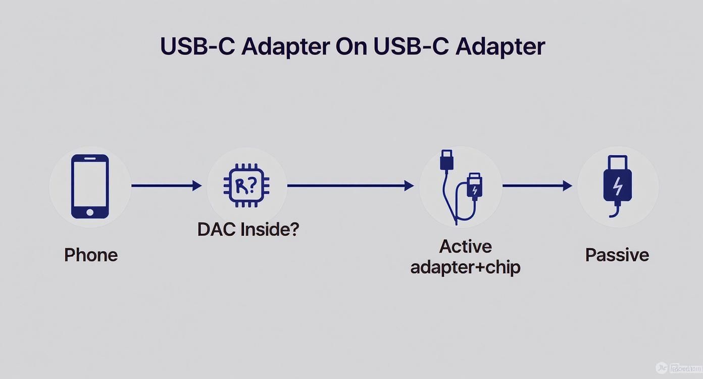 Infographic decision tree for choosing between an active or passive USB Type C to AUX adapter.