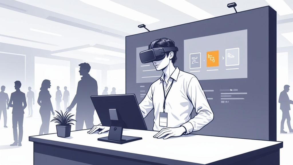 An interactive VR demo at a busy conference, showing brand activation in action