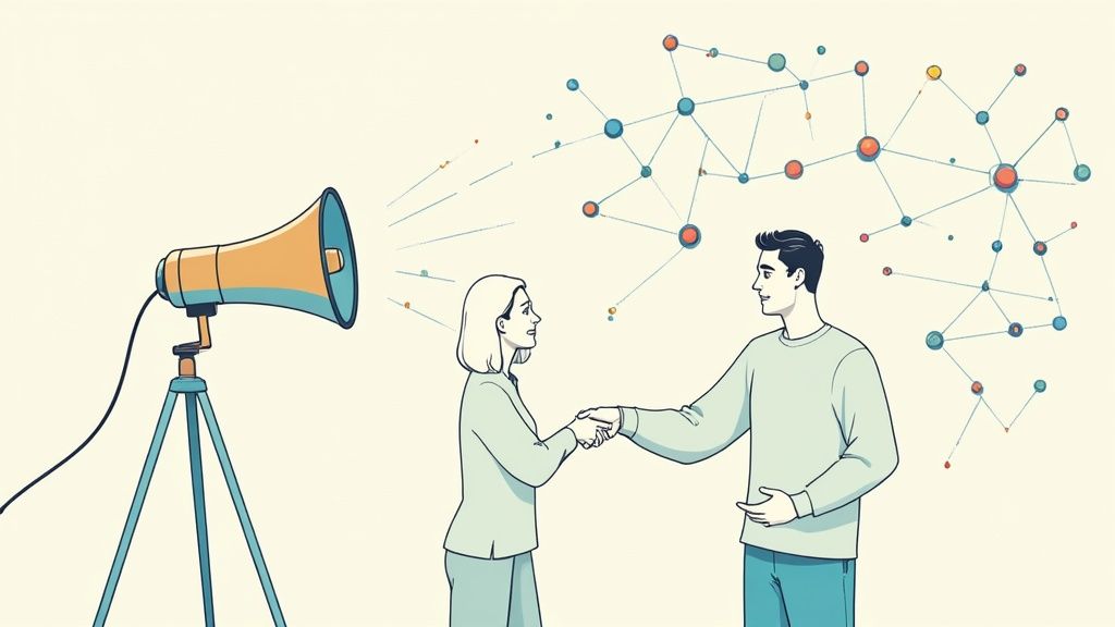 A diverse group of professionals shaking hands and networking at a busy conference, symbolizing strategic event partnerships.