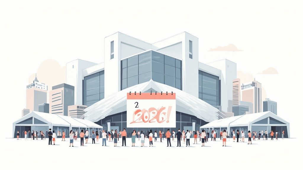 A crowded convention center floor at an industry expo, showing attendees and exhibitors interacting.