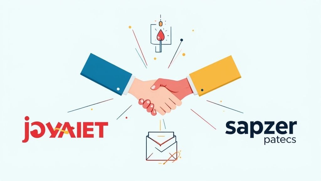 A group of event sponsors engaging with attendees at a well-branded booth.