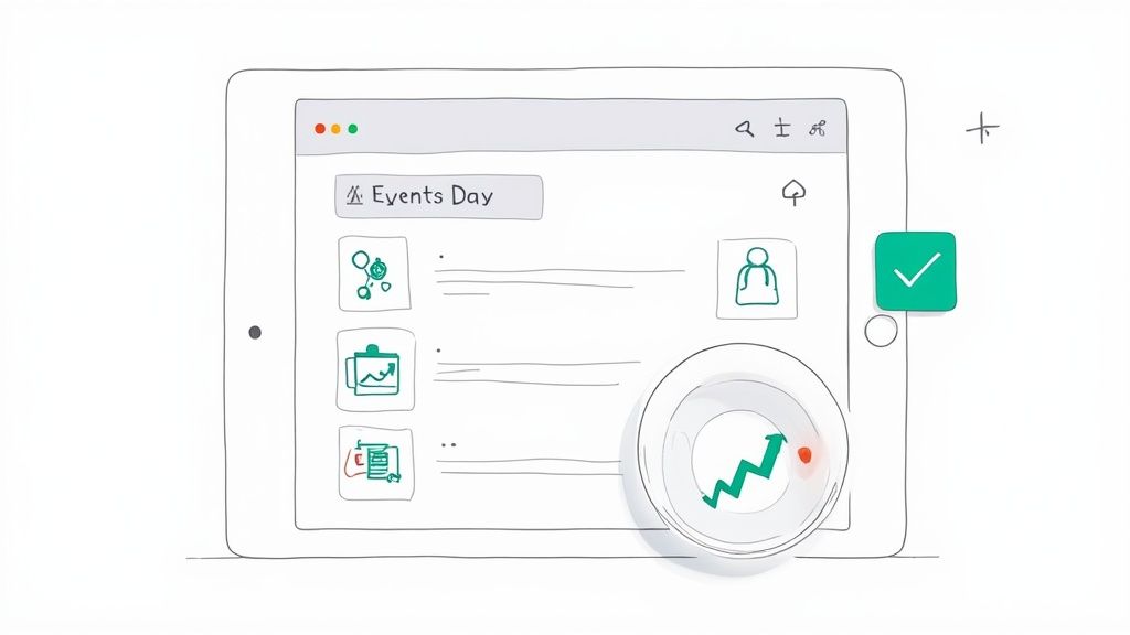 A person analyzing event data on a tablet, with charts and graphs in the background.