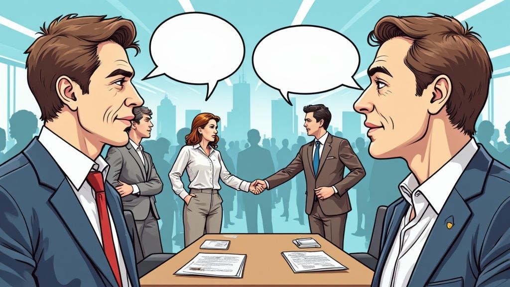 A group of professionals networking and shaking hands in a bright, modern conference hall.