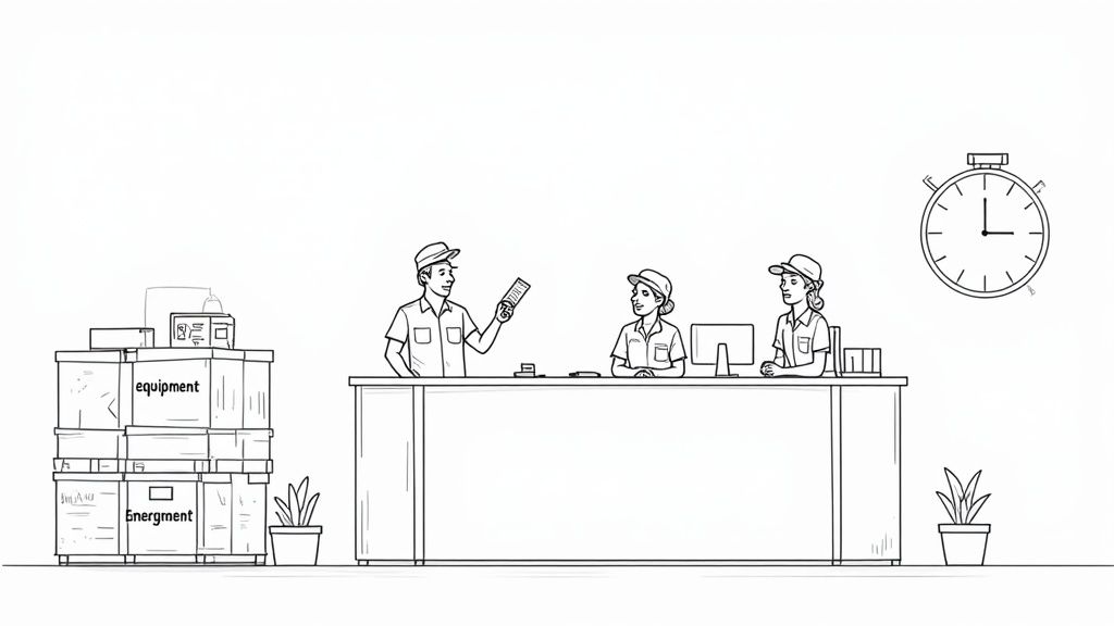 Team coordinating logistics on trade show floor