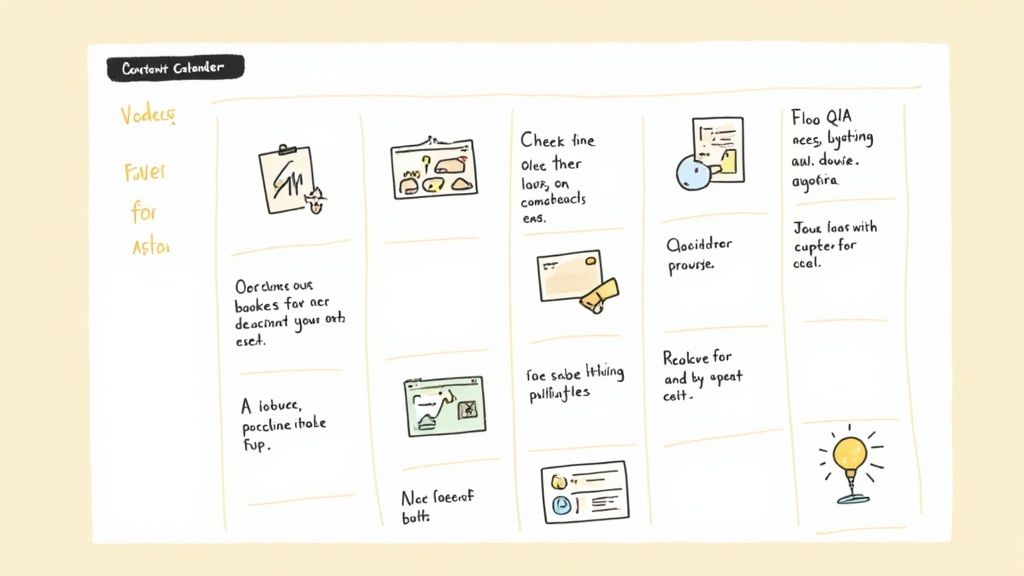 A team collaborating on a content calendar with post-it notes and a whiteboard, showing a timeline for event promotion.