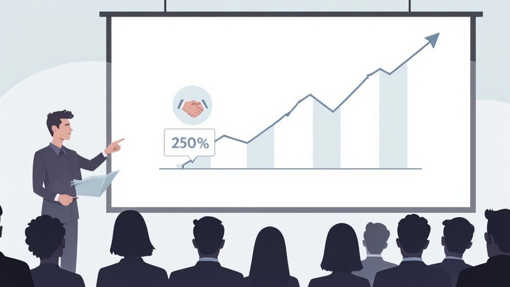 A person presenting a graph showing return on investment, illustrating how to find a sponsor by proving ROI.