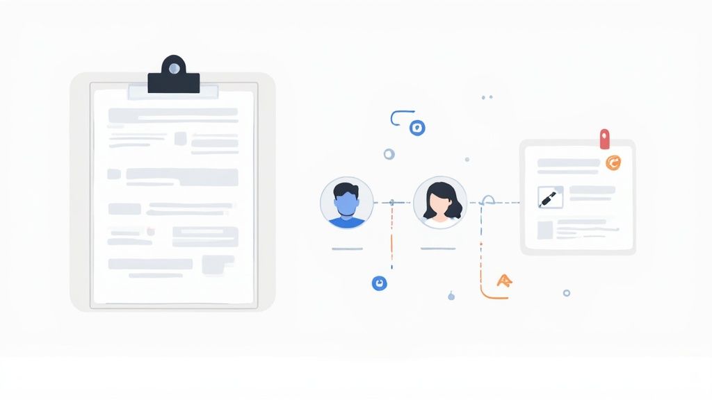 A diverse group of professionals networking and collaborating in a modern conference setting.