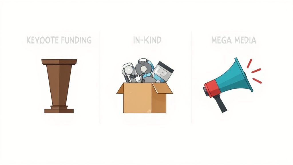 A brightly lit conference hall with various sponsor booths and banners, showing different sponsorship types.