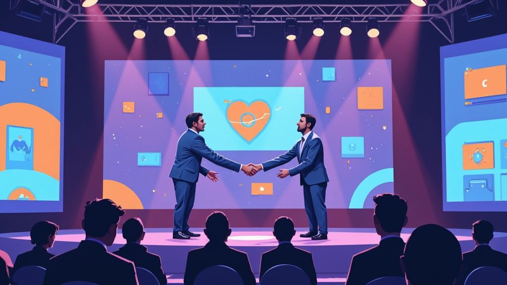 A group of professionals networking and discussing business at a busy conference, illustrating sponsorship marketing in action.