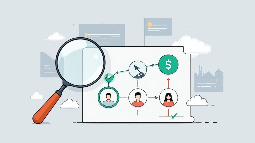 Magnifying glass over a graph, signifying data analysis to find a sponsor.